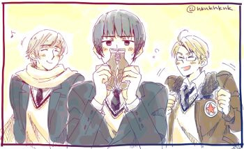 3boys ahoge america_(hetalia) arms_behind_back artist_name axis_powers_hetalia black-framed_eyewear black_hair black_jacket black_necktie blonde_hair blush border bottle brown_jacket buttons clenched_hands closed_eyes closed_mouth cola collared_shirt commentary_request covering_own_mouth empty_eyes flying_sweatdrops formal_clothes fur-trimmed_jacket fur_trim glasses grey_hair half-closed_eyes hands_up hikanika holding holding_bottle jacket japan_(hetalia) lapels long_sleeves male_focus multiple_boys musical_note necktie open_clothes open_jacket open_mouth puffy_long_sleeves puffy_sleeves purple_eyes russia_(hetalia) semi-rimless_eyewear shirt short_hair simple_background smile star_(symbol) star_print suit suit_jacket sweatdrop sweater_vest upper_body v-shaped_eyebrows white_border white_shirt yellow_background yellow_sweater_vest