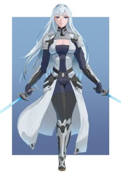 1girl blue_background blue_eyes boots border breasts cleavage cleavage_cutout closed_mouth clothing_cutout coat commentary dual_wielding english_commentary ethel_(xenoblade) expressionless floating_hair full_body grey_coat grey_hair highres holding holding_sword holding_weapon large_breasts long_hair looking_at_viewer outside_border solo standing straygoatling sword very_long_hair weapon white_border xenoblade_chronicles_(series) xenoblade_chronicles_3