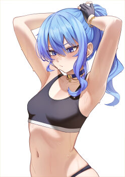 Rule 34 | 1girl, armpits, black bra, black gloves, black panties, blue choker, blue eyes, blue hair, bra, bracelet, breasts, choker, commentary, earrings, gloves, highres, hololive, hoshimachi suisei, jewelry, navel, panties, pendant choker, ponytail, presenting armpit, small breasts, solo, star (symbol), star earrings, star in eye, sweat, untranslatable commentary, symbol in eye, underwear, underwear only, very sweaty, virtual youtuber, wszkii
