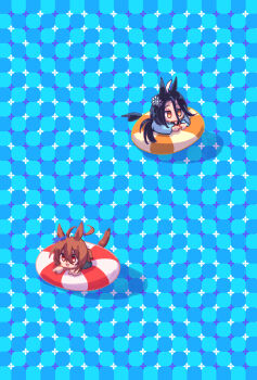 2girls absurdres agnes_tachyon_(umamusume) ahoge animal_ears blue_ribbon bow commentary_request ear_ribbon flower gachitamago hair_between_eyes hair_flower hair_ornament highres horse_ears horse_girl horse_tail huge_ahoge innertube long_bangs long_hair long_hair_between_eyes manhattan_cafe_(umamusume) multicolored_hair multiple_girls open_mouth optical_illusion ponytail primrose_field_illusion red_eyes ribbon short_ponytail smile swim_ring tail umamusume very_long_hair white_flower white_hair yellow_eyes