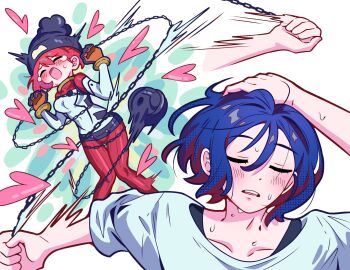 1boy 1girl amate_yuzuriha ball_and_chain_(weapon) blue_hair blush bodysuit breasts chain closed_eyes colored_inner_hair commentary_request couple gundam gundam_gquuuuuux hat heart hetero highres holding holding_weapon mecha_pilot_suit meme military_vehicle motor_vehicle multicolored_bodysuit multicolored_hair naoya_hitting_choso_without_looking_(meme) normal_suit_(gundam) nut87501 open_mouth purple_hair red_hair scene_reference science_fiction shirt short_hair shuji_ito sweatdrop tank tears two-tone_hair weapon white_shirt