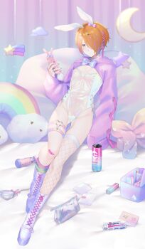 1boy absurdres androgynous anti-eyebrow_piercing bandaid bandaid_on_knee bandaid_on_leg bean_bag_chair blue_bow blue_bowtie boots bow bowtie cameltoe can candy cellphone closed_mouth collar cropped_hoodie cuntboy cuntboy_only d emoji face_piercing fishnet_thighhighs fishnets food gnash15 hair_ornament hair_over_one_eye hairclip highres hitachi_magic_wand holding holding_phone hood hoodie idolmaster idolmaster_side-m jewelry lace-up_boots leotard lollipop long_sleeves looking_at_phone multicolored_nails nail_polish nose orange_hair phone pillow pink_nails platform_boots platform_footwear pubic_tattoo purple_bow purple_eyes pussy pussy_peek rabbit_ears revealing_clothes ring sex_toy single_thighhigh sleeves_past_wrists smartphone solo tattoo thigh_gap thighhighs transparent_leotard tsukumo_kazuki vibrator white_nails x_hair_ornament