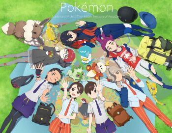 3boys 4girls absurdres arven_(pokemon) backpack bag black_bag black_hair black_hoodie black_pantyhose blue_hair blue_jacket blue_pants blue_socks blue_vest brown_hair carmine_(pokemon) collared_shirt commentary_request copyright_name crossed_bangs florian_(pokemon) fuecoco glasses gloves green_hair grey_hair grey_pantyhose hair_over_one_eye hat highres hood hoodie jacket juliana_(pokemon) kieran_(pokemon) long_hair looking_at_viewer lying multicolored_hair multiple_boys multiple_girls naranja_academy_school_uniform necktie nemona_(pokemon) nintendo on_back one_eye_closed open_mouth orange_necktie orange_pants orange_shorts pants pantyhose penny_(pokemon) poke_ball poke_ball_(basic) poke_ball_print pokemon pokemon_(creature) pokemon_sv ponytail purple_hair purple_necktie quaxly red_hair red_tank_top round_eyewear school_uniform shirt short_hair shorts single_glove socks sprigatito tank_top tli_eilt_pk unworn_bag unworn_hat unworn_headwear uva_academy_school_uniform vest yellow_bag