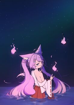 1girl \n/ absurdres ahoge animal_ear_fluff animal_ears blue_eyes bow closed_mouth commentary_request electromocha fox_ears fox_girl fox_tail from_behind hair_bow hair_ribbon hands_up heterochromia highres hitodama horizon japanese_clothes korean_commentary kosode long_hair looking_back miko multicolored_hair night night_sky ocean off_shoulder outdoors pleated_skirt raised_inner_eyebrows red_skirt ribbon shoulder_blades skirt sky solo star_(sky) starry_sky stellive streaked_hair tail tenko_shibuki turning_head twintails variant_set very_long_hair virtual_youtuber wading water
