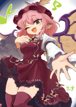 1girl absurdres animal_ears beamed_sixteenth_notes bird_ears bird_wings blush brown_dress brown_eyes brown_hat brown_thighhighs brown_wings collared_shirt dress earrings eighth_note fang feet_out_of_frame fingernails frilled_sleeves frills green_nails hat highres jewelry long_sleeves musical_note mystia_lorelei nail_polish one_eye_closed open_mouth pink_hair shirt short_hair single_earring sleeve_garter smile solo thighhighs touhou uisu_(noguchipint) white_shirt winged_hat wings