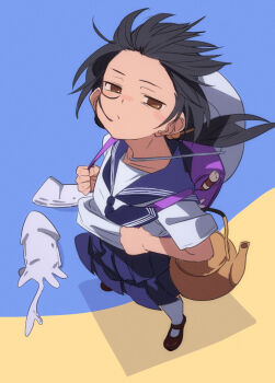 1girl backpack bag black_hair blue_background blue_necktie blue_sailor_collar blue_skirt blush_stickers brown_eyes closed_mouth commentary_request from_above fu-ta hair_bobbles hair_ornament hat hat_on_back highres holding_strap kaai_yuki kyoufuu_all_back_(vocaloid) long_hair looking_at_viewer necktie nissin pleated_skirt purple_bag randoseru sailor_collar school_uniform serafuku shirt short_sleeves skirt solo squid squinting standing sun_hat teapot two-tone_background vocaloid white_hat white_shirt yellow_background