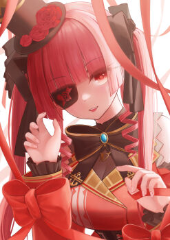 1girl absurdres black_hat black_leotard black_ribbon commentary_request dress eyepatch hair_ribbon hat highres hololive houshou_marine houshou_marine_(gothic_lolita) leotard long_hair looking_at_viewer official_alternate_costume official_alternate_hairstyle red_dress red_eyes red_hair ribbon ruo1001 smile solo teeth twintails upper_teeth_only virtual_youtuber