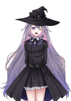 1girl :d absurdres alternate_costume arms_behind_back belt black_ribbon buttons chest_jewel collared_shirt commentary dot_nose dress english_commentary gradient_hair hat highres hololive hololive_english jewel_under_eye key koseki_bijou light_blush long_hair long_sleeves looking_at_viewer multicolored_hair one_eye_closed open_mouth pink_hair purple_eyes purple_hair ribbon shirohodo shirt simple_background smile solo very_long_hair virtual_youtuber witch_hat
