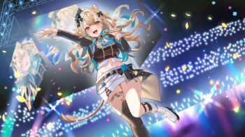 Rule 34 | 1girl, animal ears, azna, black bow, black hat, black jacket, black thighhighs, blonde hair, blue necktie, boots, bow, breasts, commentary request, commission, crop top, cropped jacket, cropped shirt, hair bow, hat, hazumi aileen, highres, holding, holding microphone, indie virtual youtuber, jacket, lion ears, lion girl, lion tail, long hair, long sleeves, looking at viewer, medium breasts, microphone, midriff, mini hat, miniskirt, navel, necktie, open mouth, screen, screen zoom, shirt, single thighhigh, skeb commission, skirt, solo, stage, stage lights, tail, thighhighs, top hat, virtual youtuber, white boots, white shirt, white skirt, white wrist cuffs, wrist cuffs, yellow eyes