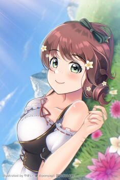 Rule 34 | 1girl, absurdres, bare shoulders, black corset, blue sky, breasts, cloud, corset, detached sleeves, dress, emma verde, evergreen (love live!), fingernails, flower, freckles, grass, green eyes, green headband, hair flower, hair ornament, headband, highres, looking at viewer, love live!, love live! nijigasaki high school idol club, lying, mountain, mountainous horizon, on back, pixiv id, ponyagii, red eyes, short sleeves, sky, smile, solo, twirling hair, twitter logo, upper body