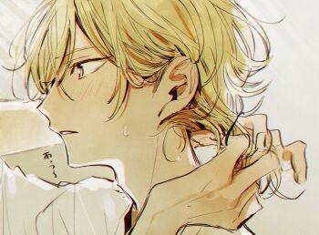 1boy adam&#039;s_apple blonde_hair close-up commentary_request ensemble_stars! from_side hair_tie hakaze_kaoru hands_up highres male_focus ninomiya_(t_238_t) parted_lips profile solo sweat translation_request tying_hair yellow_eyes