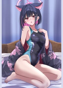 1girl alternate_costume animal_ears bare_legs bare_shoulders barefoot black_hair black_kimono blue_archive blunt_bangs blunt_ends blush bob_cut breasts cat_ears cat_girl collarbone colored_inner_animal_ears colored_inner_hair commentary_request competition_swimsuit covered_navel curvy extra_ears feet floral_print floral_print_kimono full_body hair_ornament halo hibika highleg highleg_one-piece_swimsuit highres indoors japanese_clothes kazusa_(blue_archive) kimono kimono_partially_removed legs long_sleeves looking_at_viewer medium_breasts multicolored_hair new_year off_shoulder on_bed one-piece_swimsuit pink_hair print_kimono red_eyes short_hair sitting solo swimsuit swimsuit_under_clothes thighs toes two-tone_hair yokozuwari