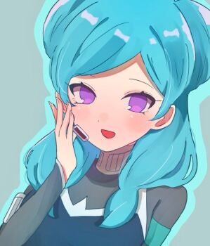 1girl ajumaru aqua_hair beta_(inazuma_eleven) black_vest blue_outline blush bodysuit double_bun grey_background grey_bodysuit hair_bun hand_on_own_cheek hand_on_own_face inazuma_eleven_(series) inazuma_eleven_go inazuma_eleven_go_chrono_stone long_sleeves looking_at_viewer open_mouth outline purple_eyes smile solo vest