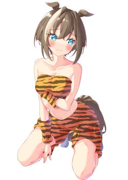 Rule 34 | 1girl, animal ears, arm under breasts, blue eyes, blush, breasts, brown hair, cheval grand (umamusume), cleavage, closed mouth, commentary request, ears down, futarino ririsu, hair between eyes, highres, horse ears, horse girl, kneeling, large breasts, multicolored hair, oni costume, print shorts, print tube top, short hair, short hair with long locks, shorts, sidelocks, simple background, solo, strapless, streaked hair, thighs, tube top, umamusume, white background, white streaks, yellow shorts, yellow tube top