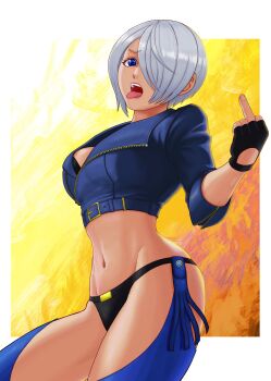 1girl angel_(kof) asa9ra blue_eyes breasts cleavage curvy female_focus finger gloves hand_up highres jacket large_breasts leather open_mouth pale_skin panties short_hair standing the_king_of_fighters thick_thighs thighs tongue tongue_out underwear white_hair wide_hips
