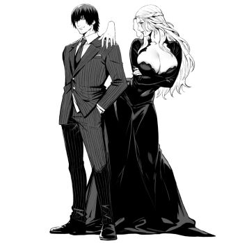 1boy 1girl adventurer_(ff14) affectionate alternate_costume beard_stubble black_dress black_hair braid breasts cleavage commentary cosplay disembodied_hand dress east-west_crossover english_commentary facial_hair final_fantasy final_fantasy_xiv formal_clothes full_body gomez_addams gomez_addams_(cosplay) greyscale half_updo huge_breasts hyur impossible_clothes impossible_dress jamjamstyle leaning_forward lips long_dress long_hair long_sleeves looking_at_another looking_at_viewer mature_female mature_male monochrome morticia_addams morticia_addams_(cosplay) necktie pants parted_lips pinstripe_jacket pinstripe_pants pinstripe_pattern pinstripe_suit profile severed_hand shirt short_hair simple_background single_braid smile standing striped_clothes stubble suit the_addams_family thing_(the_addams_family) venat_(ff14) warrior_of_light_(ff14) wavy_hair white_background white_hair white_shirt