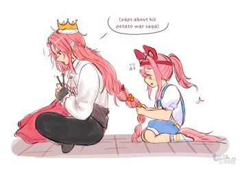 1boy 1girl :o :p absurdres animal_ears ankle_socks artist_name black_gloves black_pants black_socks blue_overalls braid braided_ponytail closed_mouth collared_shirt commentary crossover ear_piercing english_commentary english_text exocorpse fingerless_gloves flower full_body fur-trimmed_crown gloves hair_between_eyes hair_flower hair_ornament hairdressing haru_urara_(umamusume) highres holding holding_needle horse_ears horse_girl horse_tail indian_style jacket knitting knitting_needle long_hair long_sleeves looking_ahead medium_hair minecraft_youtube musical_note needle on_ground open_mouth orange_flower overalls pants piercing pink_eyes pink_hair pointy_ears purple_flower red_eyes red_jacket seiza shirt short_sleeves sidelocks signature simple_background sitting sketch smile socks speech_bubble tail technoblade tongue tongue_out umamusume watermark white_background white_shirt white_socks