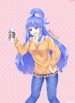 Rule 34 | 1girl, :d, aqua (konosuba), aqua (konosuba) (cosplay), artist name, belt, black belt, blue eyes, blue hair, blue pants, breasts, can, casual, commentary, copyright name, cosplay, cowboy shot, darkness (konosuba), darkness (konosuba) (cosplay), denim, dotted background, english commentary, eyelashes, hair between eyes, hair rings, hand on own hip, hand up, highres, holding, holding can, hood, hood down, hooded jacket, jacket, kono subarashii sekai ni shukufuku wo!, long hair, long sleeves, looking at viewer, medium breasts, megumin, megumin (cosplay), open mouth, pants, patrick star, pink background, satou kazuma, signature, single hair ring, smile, solo, spongebob squarepants (series), squidward tentacles, standing, teeth, upper teeth only, xyma2524, yellow jacket