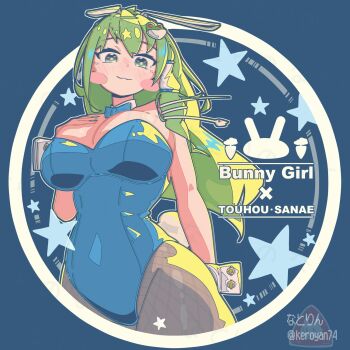 Rule 34 | 1girl, :3, animal ears, artist name, black pantyhose, blue background, blue bow, blue bowtie, blue leotard, blush stickers, bow, bowtie, breasts, character name, commentary, copyright name, detached collar, fake animal ears, fake tail, fishnet pantyhose, fishnets, frog hair ornament, green eyes, green hair, hair ornament, highres, keroyan, kochiya sanae, large breasts, leotard, long hair, looking at viewer, nontraditional playboy bunny, pantyhose, rabbit ears, rabbit tail, solo, star (symbol), strapless, strapless leotard, tail, touhou, white wrist cuffs, wrist cuffs