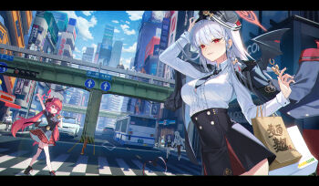 6+girls absurdres animal_ear_fluff animal_ears apron arm_up ayane_(blue_archive) bag black_boots black_halo black_hat black_jacket black_necktie black_pantyhose black_shirt black_skirt black_socks blonde_hair blue_apron blue_archive blue_eyes blue_hair blue_jacket blue_necktie blue_sailor_collar blue_scarf blue_shirt blue_skirt blush boots bow braid breasts burger cardigan cat_ears cat_girl center_frills cityscape closed_eyes crosswalk demon_girl demon_horns demon_tail demon_wings dog_ears dog_girl food foreclosure_task_force_(blue_archive) forehead frills fubuki_(blue_archive) glasses gloves green_halo grey_hair hair_between_eyes hair_over_one_eye halo haruna_(blue_archive) hat hifumi_(blue_archive) high-waist_skirt highres holding holding_bag holding_burger holding_food horns hoshino_(blue_archive) jacket jacket_on_shoulders junko_(blue_archive) kanna_(blue_archive) kirino_(blue_archive) knee_pads kneehighs large_breasts long_hair looking_at_viewer multiple_girls necktie noa_(blue_archive) nonomi_(blue_archive) open_mouth pantyhose peaked_cap pink_hair plaid_clothes plaid_skirt pointy_ears police police_uniform policewoman popoka0930 purple_eyes purple_hair reaching reaching_towards_another red_eyes red_hair red_halo red_skirt sailor_collar scarf serika_(blue_archive) shiroko_(blue_archive) shirt shoes shopping_bag short_sleeves single_braid single_wing skirt smile socks sora_(blue_archive) tail twin_braids twintails two_side_up white_cardigan white_gloves white_hair white_halo white_jacket white_shirt white_shoes white_socks wings wolf_ears wolf_girl yellow_bow yellow_jacket yuuka_(blue_archive)