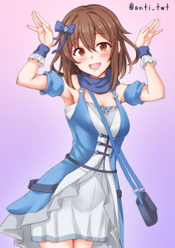 1girl anti_(untea9) blue_bag blue_dress blue_scarf blush breasts brown_eyes brown_hair commentary_request cosplay dress gradient_background hair_between_eyes hair_ribbon highres ikazuchi_(kancolle) kantai_collection looking_at_viewer open_mouth pink_background ribbon scarf short_hair small_breasts smile solo super_creek_(murmuring_stream)_(umamusume) super_creek_(umamusume) super_creek_(umamusume)_(cosplay) twitter_username umamusume