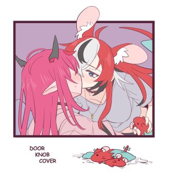 2girls animal_ears black_hair blue_eyes blush ear_blush hakos_baelz highres hololive hololive_english horns implied_futanari implied_handjob irys_(hololive) long_hair mouse_ears mouse_girl mouse_tail mr._squeaks_(hakos_baelz) multicolored_hair multiple_girls pink_hair pointy_ears ramphastostella red_hair shirt streaked_hair tail virtual_youtuber white_hair