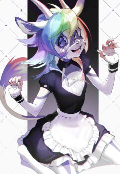 1girl :d animal_ears animal_nose apron black_background black_dress black_shirt blonde_hair bow collarbone commentary dress english_commentary furry furry_female grey_hair hands_up highres horns long_hair maid multicolored_hair open_mouth original pantyhose pita-potato purple_eyes purple_hair shirt short_sleeves smile solo tail teeth tongue waist_apron white_apron white_background white_bow white_pantyhose wrist_cuffs