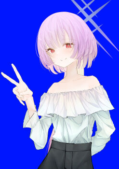 Rule 34 | 1girl, absurdres, arm behind back, atsuko (blue archive), blue archive, blue background, blush, closed mouth, commentary request, eyelashes, frilled shirt, frills, highres, long hair, long sleeves, ponytail, purple hair, red eyes, red pupils, shirt, simple background, smile, solo, user uwjj7285, v, white shirt