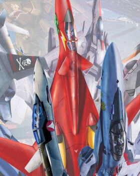 3boys aircraft airplane choujikuu_yousai_macross commentary destroid english_commentary fighter_jet fire_valkyrie flying helmet isamu_dyson macross macross_7 macross_frontier macross_plus mecha mecha_request military military_vehicle monster_destroid multiple_boys nekki_basara official_art pilot_suit robot saotome_alto science_fiction skull_and_crossbones tenjin_hidetaka variable_fighter vf-1 vf-25 yf-19