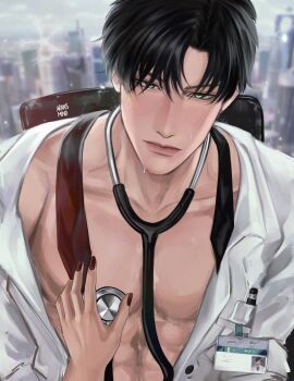 Rule 34 | 1boy, aransmind, artist name, black hair, blurry, blurry background, building, closed mouth, coat, doctor, green eyes, highres, holding, holding stethoscope, ibispaint (medium), lab coat, love and deepspace, necktie, official alternate costume, open clothes, open coat, sitting, skyscraper, stethoscope, sweatdrop, unworn necktie, zayne (love and deepspace)