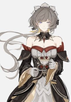 1girl bare_shoulders black_dress blue_eyes brooch cowboy_shot cup detached_collar detached_sleeves dress f_ron genshin_impact gloves grey_background grey_gloves grey_hair grin highres holding holding_cup jewelry long_hair long_sleeves looking_at_viewer sandrone_(genshin_impact) simple_background smile solo standing strapless strapless_dress teacup two-tone_dress very_long_hair white_dress