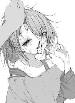 1boy 1girl bare_shoulders bleeding blood blood_on_face bruise bruise_on_face bruise_on_neck grabbing_another's_hair greyscale half-closed_eyes highres holding_another's_hair injury looking_at_viewer medium_hair monochrome mushoku_loli mushoku_loli_(character) nosebleed off-shoulder_shirt off_shoulder one_eye_closed original ryona shirt simple_background solo_focus tearing_up v