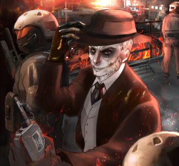 Rule 34 | artist request, fire, formal clothes, gloves, gun, hat, helmet, metal gear (series), metal gear solid v: ground zeroes, metal gear solid v: the phantom pain, skull face, suit, weapon