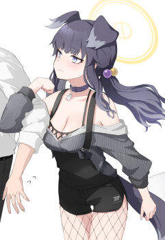 1boy 1girl absurdres animal_ears bare_shoulders black_camisole black_hair black_shorts blue_archive blue_eyes blush breasts camisole collar commentary dog_ears dog_tail fishnet_pantyhose fishnets grey_sweater halo hibiki_(blue_archive) highres jacket long_hair long_sleeves low_twintails medium_breasts off_shoulder open_clothes open_jacket pantyhose shorts sidelocks solo_focus suspender_shorts suspenders sweater tail thighs twintails white_jacket yuniyuni