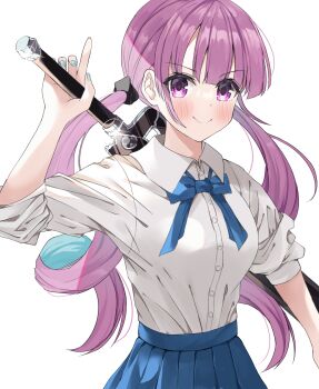 1girl blue_hair blue_nails blue_skirt blush closed_mouth collared_shirt commentary_request highres holding holding_sword holding_weapon hololive long_hair minato_aqua multicolored_hair nail_polish nekoshima_kaede pink_hair purple_eyes shirt skirt solo sword two-tone_hair virtual_youtuber weapon white_shirt
