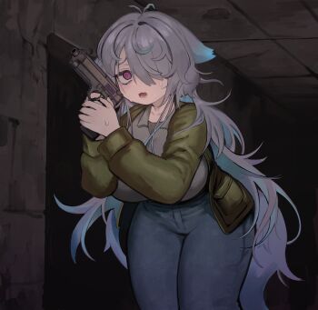 1girl @_@ absurdres artist_request blue_hair breasts collared_shirt colored_inner_hair cosplay green_jacket grey_hair grey_shirt gun hair_over_one_eye handgun highres holding holding_gun holding_weapon indie_virtual_youtuber jacket james_sunderland james_sunderland_(cosplay) long_hair menace_mamaki multicolored_hair open_clothes open_jacket open_mouth pants purple_eyes shirt solo sweat tail virtual_youtuber weapon