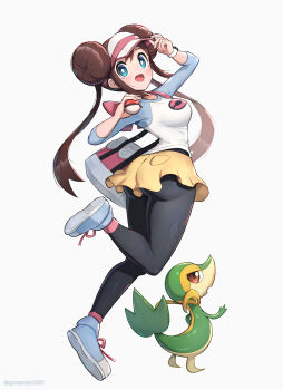 Rule 34 | 1girl, absurdres, ass, black pantyhose, blue eyes, blush, breasts, brown hair, commentary request, donut hair bun, double bun, gen 5 pokemon, gonzarez, hair bun, hat, highres, holding, holding poke ball, large breasts, long hair, looking at viewer, nintendo, open mouth, pantyhose, pantyhose under shorts, poke ball, poke ball (basic), poke ball print, pokemon, pokemon (creature), pokemon bw2, raglan sleeves, rosa (pokemon), shirt, shorts, simple background, smile, snivy, twintails, visor cap, white background, yellow shorts