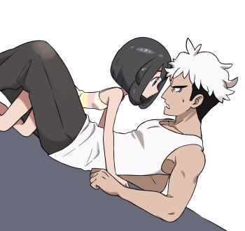 1boy 1girl absurdres black_hair closed_mouth eye_contact from_side guzma_(pokemon) hetero highres looking_at_another mawu_(mishimamaru) mixed-language_commentary multicolored_hair nintendo open_mouth pants pokemon pokemon_sm selene_(pokemon) shirt short_hair sleeveless sleeveless_shirt sweatdrop two-tone_hair white_hair white_shirt