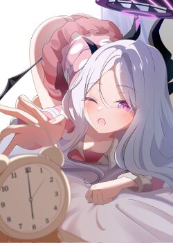 1girl ;o alarm_clock ass bed_sheet blue_archive blurry blush clock collarbone demon_girl demon_horns demon_wings depth_of_field hair_between_eyes highres hina_(blue_archive) horns long_hair long_sleeves looking_at_viewer official_alternate_costume one_eye_closed open_mouth pajamas parted_bangs pink_pajamas polka_dot purple_eyes rakkusu_(user_nxue3445) reaching reaching_towards_viewer sidelocks solo top-down_bottom-up waking_up white_hair wings