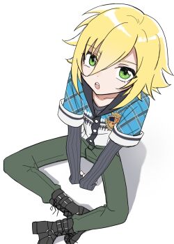 1boy ankle_boots black_boots blonde_hair blue_jacket blwolfwaifu boots buttons collarbone collared_jacket dutch_angle flipped_hair from_above full_body green_eyes green_pants grey_shirt hair_between_eyes highres indian_style jacket lace-up_boots layered_sleeves long_sleeves looking_at_viewer male_focus nijisanji open_mouth pants plaid_clothes plaid_jacket ribbed_shirt shirt short_hair short_over_long_sleeves short_sleeves sidelocks simple_background sitting sleeves_past_wrists solo upturned_eyes uzuki_kou uzuki_kou_(1st_costume) v-neck v_arms virtual_youtuber white_background white_jacket