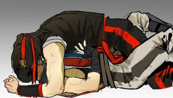 2boys black_hair black_vest bracer covering_face enopth1102 hashtag-only_commentary headband kiss kung_lao liu_kang lying male_focus medium_hair mortal_kombat_(series) multiple_boys pants red_headband short_hair simple_background sleeveless vest yaoi yukadon