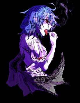 1girl bat_wings black_background cigarette cigarette_burn frilled_sleeves frills highres holding holding_cigarette kyanduru pointy_ears puffy_short_sleeves puffy_sleeves purple_hair red_eyes remilia_scarlet sharp_teeth shirt short_hair short_sleeves simple_background skirt smoke solo teeth tongue tongue_out touhou white_shirt white_skirt wings
