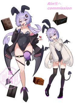 Rule 34 | 2girls, a.i. voice, absurdres, animal ears, bat wings, belt, black boots, black leotard, black thighhighs, boots, breasts, candy, chocolate, chocolate bar, collarbone, commentary request, commission, covered navel, demon girl, demon tail, fake animal ears, food, hair ornament, heart, heart o-ring, highres, leotard, long hair, looking at viewer, multiple girls, nontraditional playboy bunny, o-ring, o-ring belt, open mouth, playboy bunny, purple hair, purple thighhighs, rabbit ears, shiraori2023, simple background, single thighhigh, small breasts, standing, standing on one leg, sweater, tail, thigh belt, thigh strap, thighhighs, tongue, tongue out, voiceroid, white background, white sweater, wings, yuzuki yukari, yuzuki yukari (shizuku)