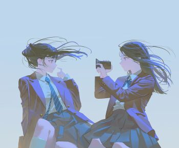 2girls absurdres black_hair blazer blue_background blue_eyes bow bowtie brown_eyes camcorder camera highres holding holding_camera jacket kneehighs long_hair multiple_girls necktie original pointing pointing_at_self ponytail school_uniform shirt simple_background skirt socks video_camera white_shirt wonbin_lee