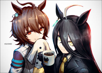 2girls agnes_tachyon_(tach-nology)_(umamusume) agnes_tachyon_(umamusume) ahoge animal_ears black_coat black_gloves black_hair brown_hair chemical_structure closed_mouth coat coffee coffee_mug collared_shirt cup ear_tag earrings gloves hair_between_eyes holding holding_cup horse_ears horse_girl huge_ahoge jewelry k-suwabe lab_coat long_bangs long_hair long_hair_between_eyes long_sleeves looking_at_viewer manhattan_cafe_(creeping_black)_(umamusume) manhattan_cafe_(umamusume) medium_hair mug multicolored_hair multiple_girls necktie red_eyes shirt simple_background single_earring sleeves_past_fingers sleeves_past_wrists smile sweater umamusume upper_body very_long_hair white_coat white_hair yellow_eyes yellow_necktie yellow_sweater