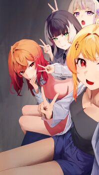 4girls black_hair black_shirt blonde_hair blue_shorts collarbone collared_shirt fortissimo gradient_hair green_eyes grey_hair hair_ornament highres hololive hololive_dev_is ichijou_ririka jacket juufuutei_raden long_hair looking_at_viewer multicolored_hair multiple_girls musical_note musical_note_hair_ornament open_mouth orange_eyes orange_hair otonose_kanade pink_hair pink_vest purple_hair red_eyes shirt short_hair shorts streaked_hair todoroki_hajime two-tone_hair v vest white_jacket white_shirt yolga0101