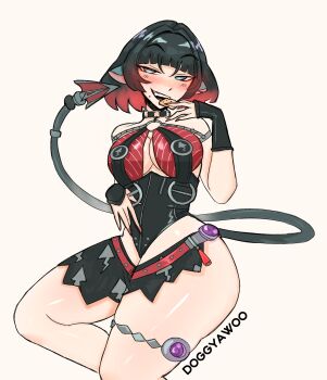 1girl absurdres alternate_costume animal_ears bare_shoulders black_hair black_one-piece_swimsuit blue_eyes blush breasts commentary cracker doggyawoo eating feet_out_of_frame food highres jane_doe_(nocturne_of_light)_(zenless_zone_zero) jane_doe_(zenless_zone_zero) large_breasts looking_at_viewer mouse_ears mouse_girl mouse_tail official_alternate_costume one-piece_swimsuit open_mouth red_hair red_nails russian_commentary seductive_smile sharp_tail simple_background sitting smile solo swimsuit tail thick_thighs thighs white_background zenless_zone_zero