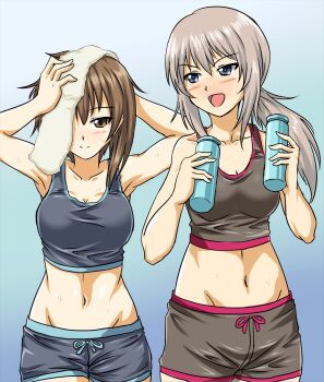 arm_behind_head black_shorts blue_background blue_eyes blue_shorts blue_sports_bra bottle breasts brown_eyes brown_hair closed_mouth commentary_request girls_und_panzer gradient_background grey_hair hand_on_own_head highres holding holding_bottle itsumi_erika large_breasts long_hair looking_at_another looking_at_viewer nishizumi_maho one_eye_covered open_mouth ponytail short_hair shorts simple_background sports_bra sweat sweatdrop towel towel_on_head training white_background zanntetu