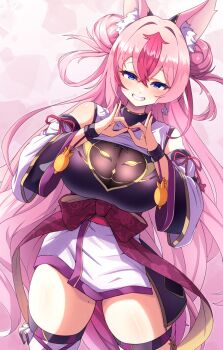 Rule 34 | 1girl, absurdres, animal ear fluff, animal ears, blue eyes, breasts, commentary request, crossed bangs, detached sleeves, double bun, double fox shadow puppet, earrings, fingernails, fox ears, fox girl, fox shadow puppet, fox tail, hair between eyes, hair bun, hair ornament, hanayono menora, highres, indie virtual youtuber, jewelry, kaiju ryoku, large breasts, lips, long fingernails, long hair, looking at viewer, multicolored hair, pink background, pink hair, pink nails, solo, tail, teeth, two-tone hair, very long hair, virtual youtuber