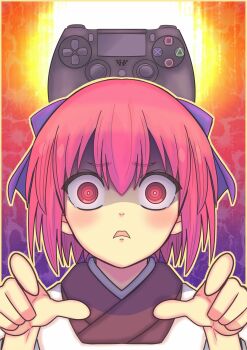 1girl @_@ blue_bow bow commentary controller game_console game_controller hair_bow highres japanese_clothes kimono kohaku_(tsukihime) looking_at_viewer maid masatoshi_ikeda_(uug28aiuopy2six) open_mouth playstation_4 playstation_controller portrait red_hair short_hair solo tsukihime yellow_eyes